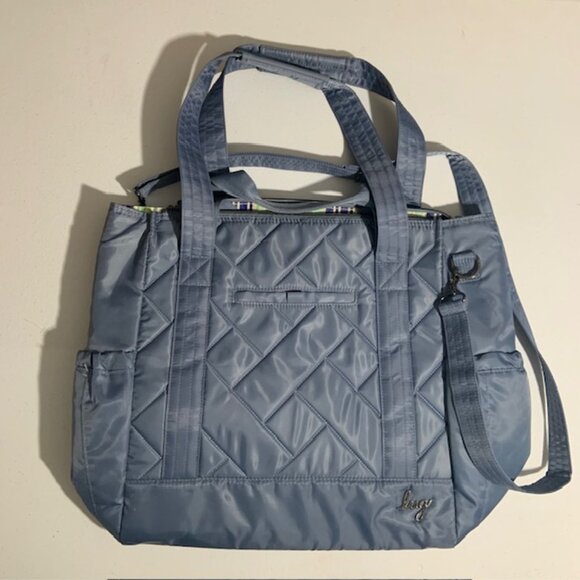 NWOT Lug Baby Yacht Carry All Zip Top Slate Blue Striped Accent Tote Bag Large - Picture 1 of 7